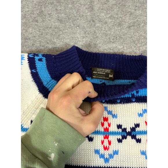 VINTAGE 80s JC Penney Sweater Mens Medium Blue Fair Isle Pullover Cozy Retro - Picture 4 of 4